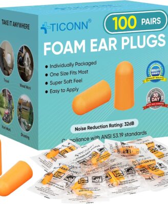 TICONN 100 Pairs Foam Ear Plugs, Individually Wrapped 32dB NRR Noise Reduction Earplugs for Sleeping Hearing Protection Travel Study Concentration Construction Site (100 Pairs)
